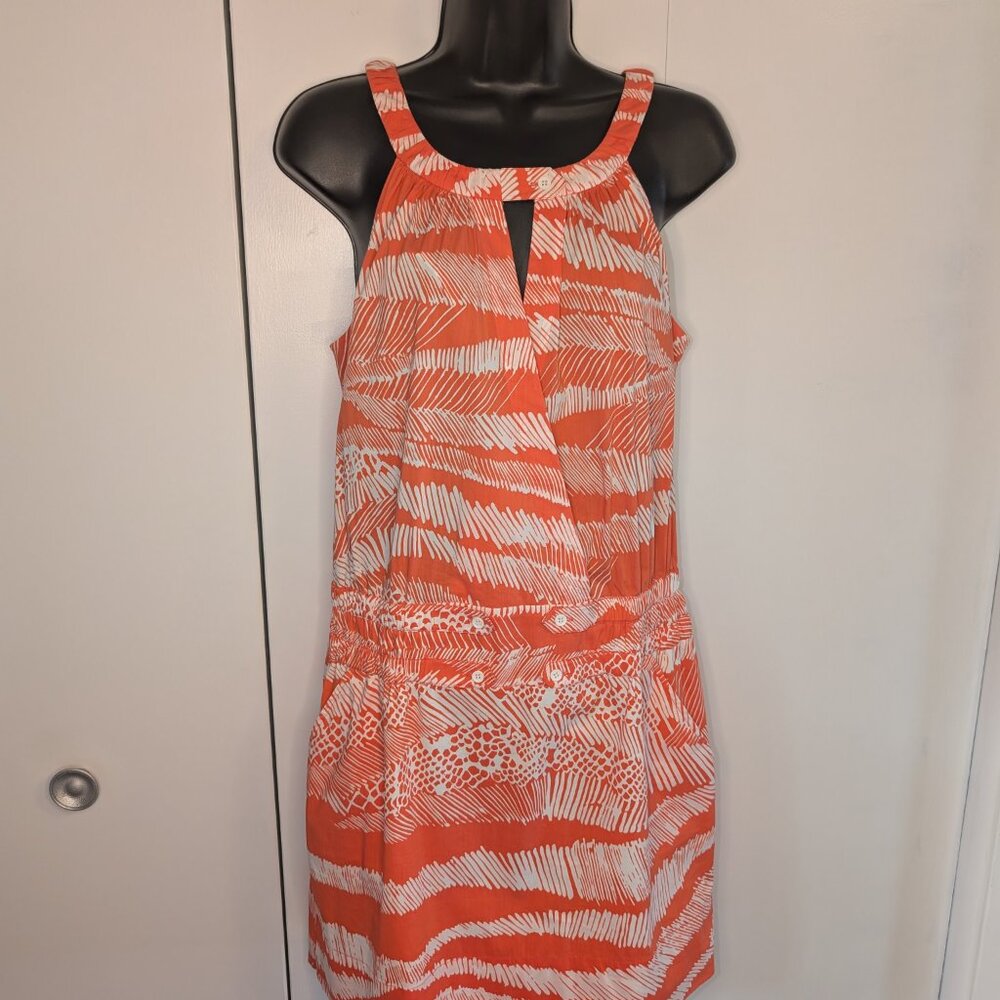 BCBGMaxAzria • orange white sundress drop waist halter neck SZ S